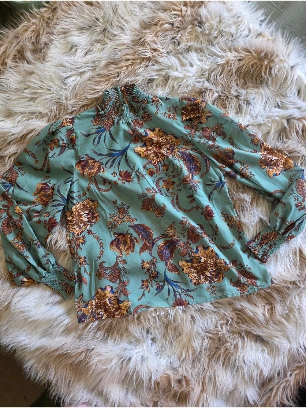 Flying Tomato Teal Floral Long Sleeve High Neck Top